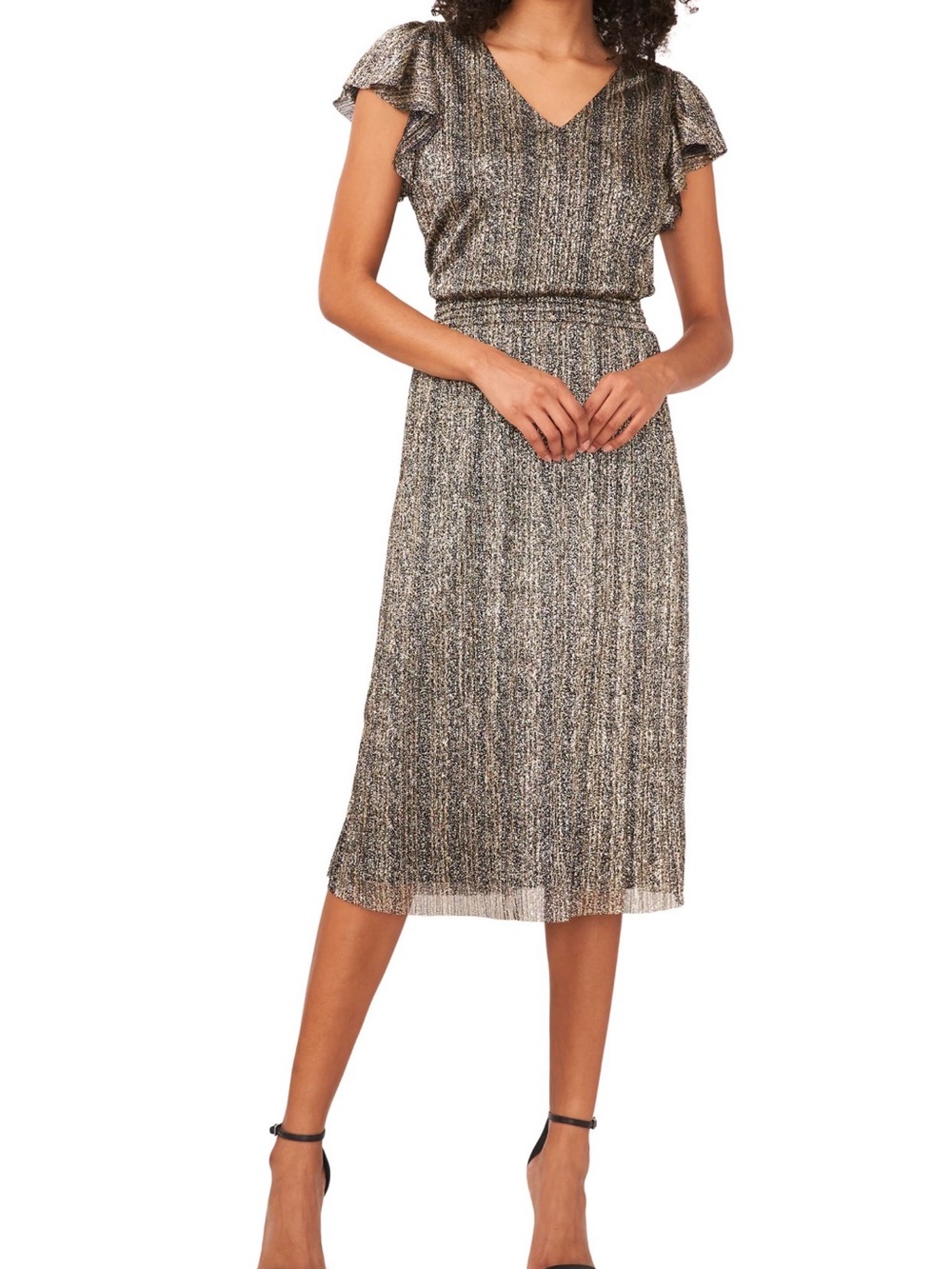 Vince Camuto Metallic Knit V-Neck Midi Dress in Black & Golf Size Small NWT